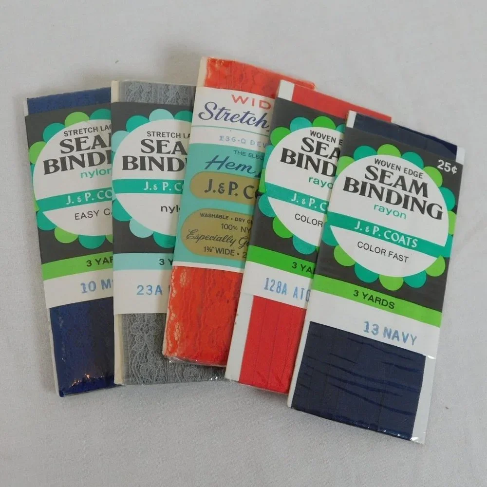 Seam Binding Tape Lot of 5 New Unopened Lace Woven J&P Coats Blue Red Gray Mix